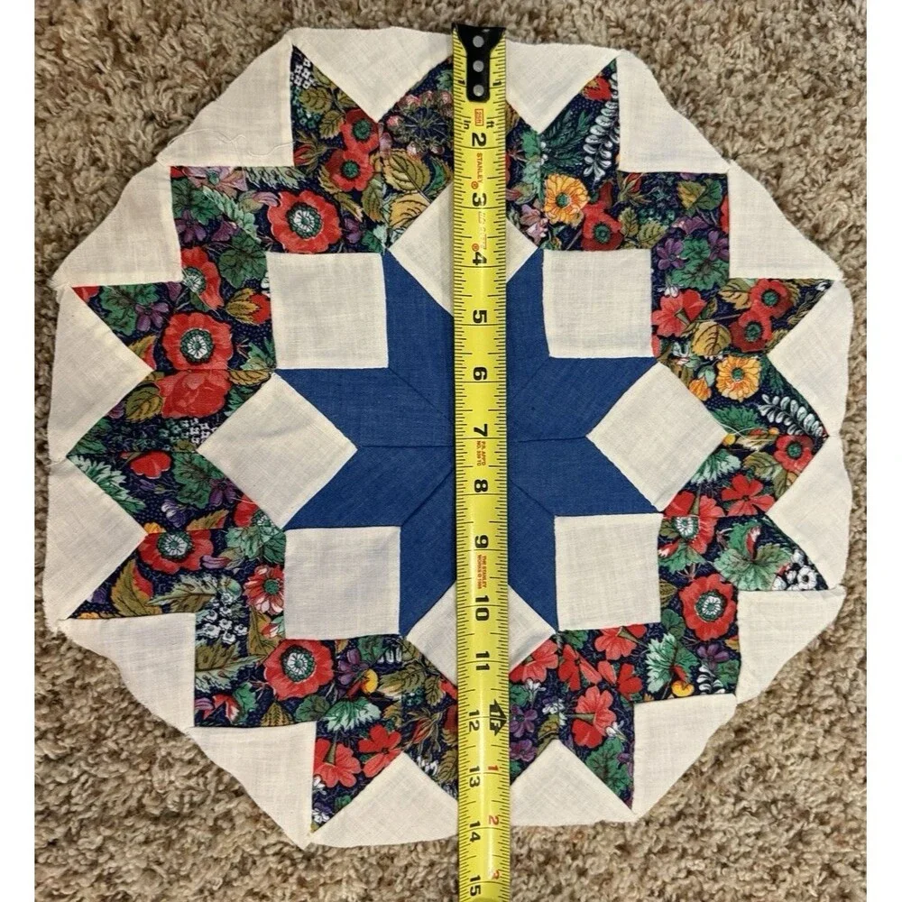Vintage Hand Pieced Quilt Block Orphan Square 8-Point Star blue/dark floral 14